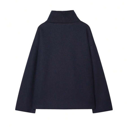 Women Double Breasted Coat Black – Funnel Neck Oversized Jacket – Casual Winter Style