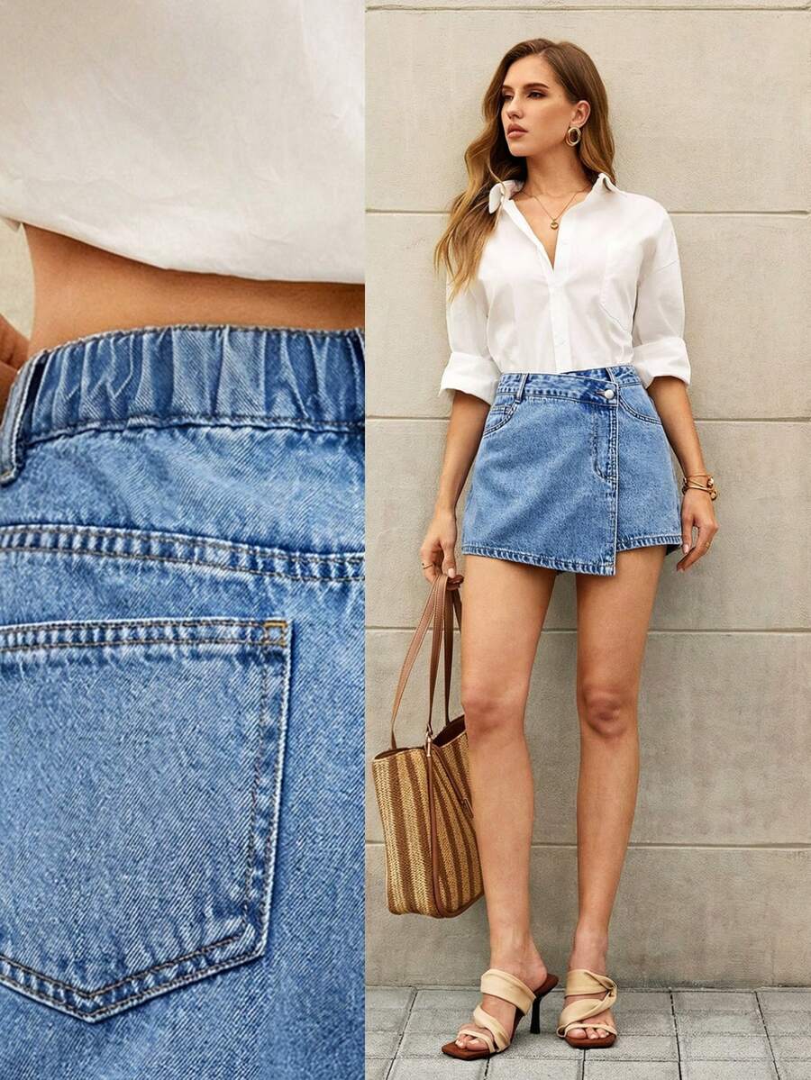 Women Denim Skort Plus Size – High Waist Asymmetric Shorts Skirt With Pockets