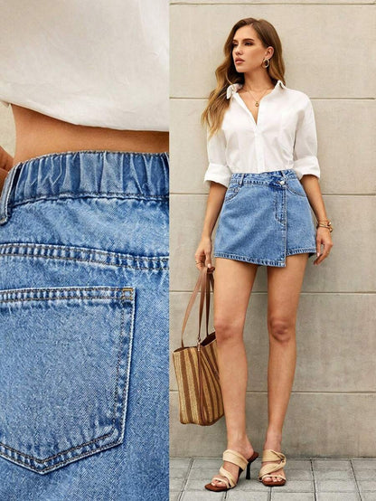 Women Denim Skort Plus Size – High Waist Asymmetric Shorts Skirt With Pockets