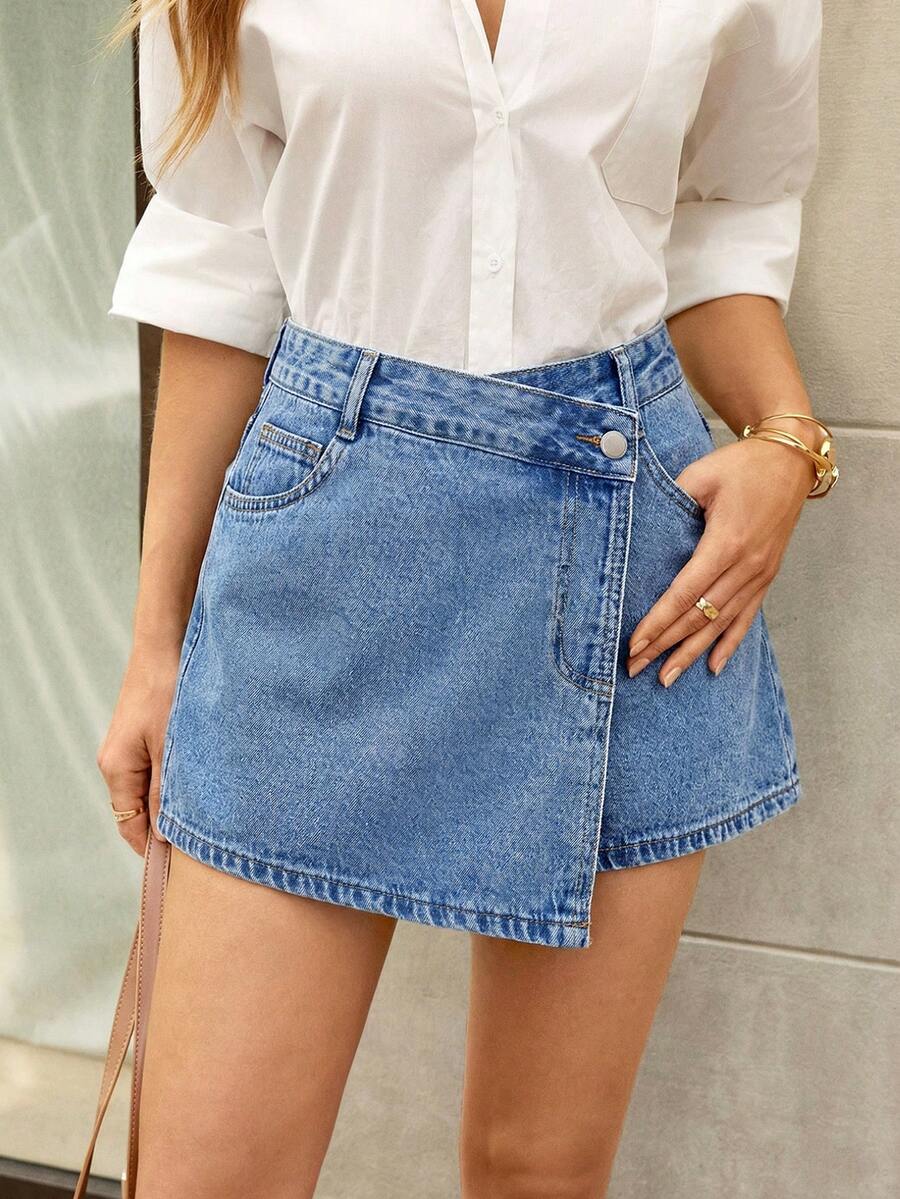 Women Denim Skort Plus Size – High Waist Asymmetric Shorts Skirt With Pockets