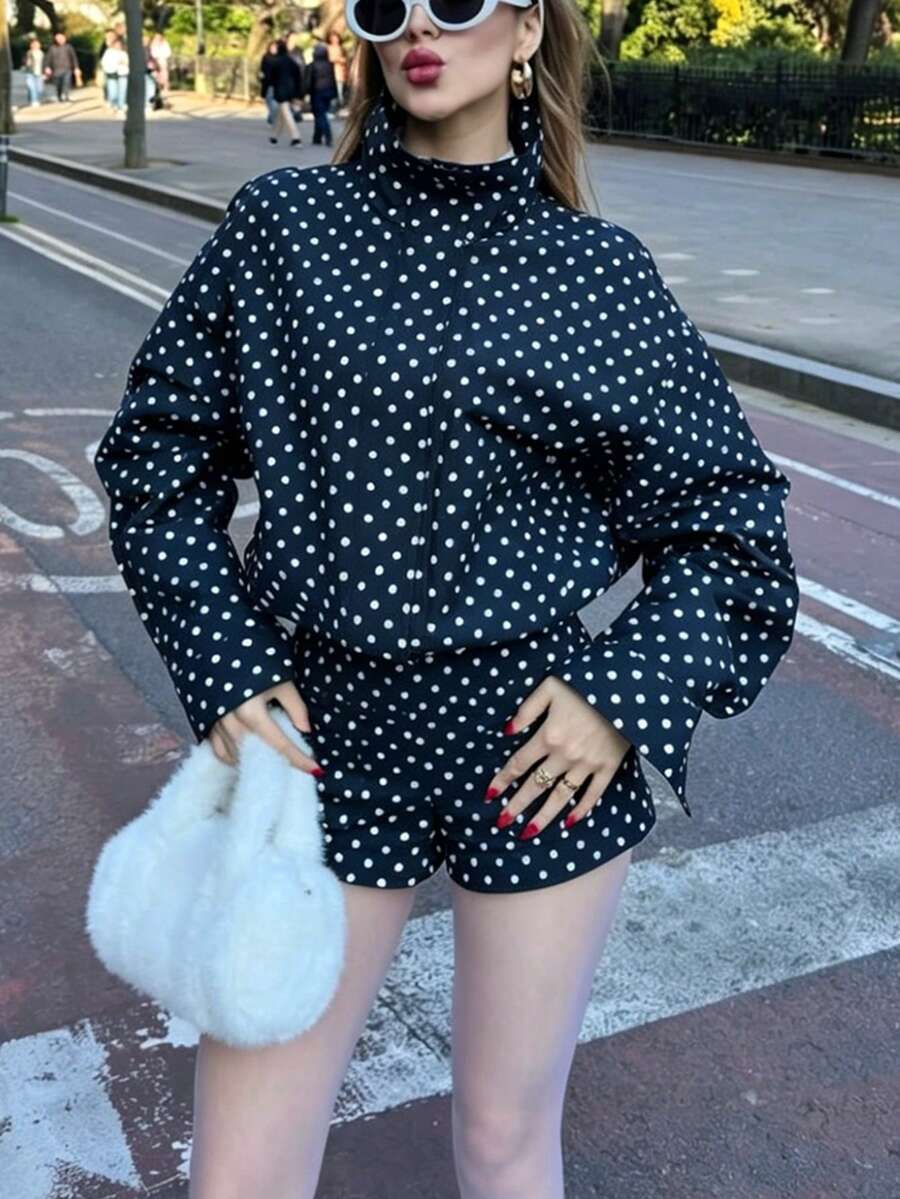 Women Polka Dot Bomber Jacket – White Cropped Jacket – Oversized Casual Fit