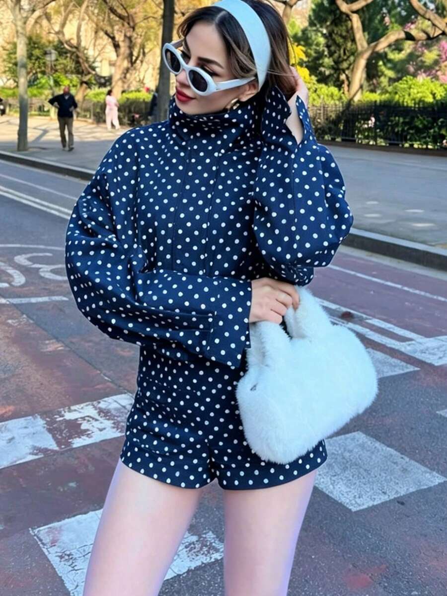 Women Polka Dot Bomber Jacket – White Cropped Jacket – Oversized Casual Fit