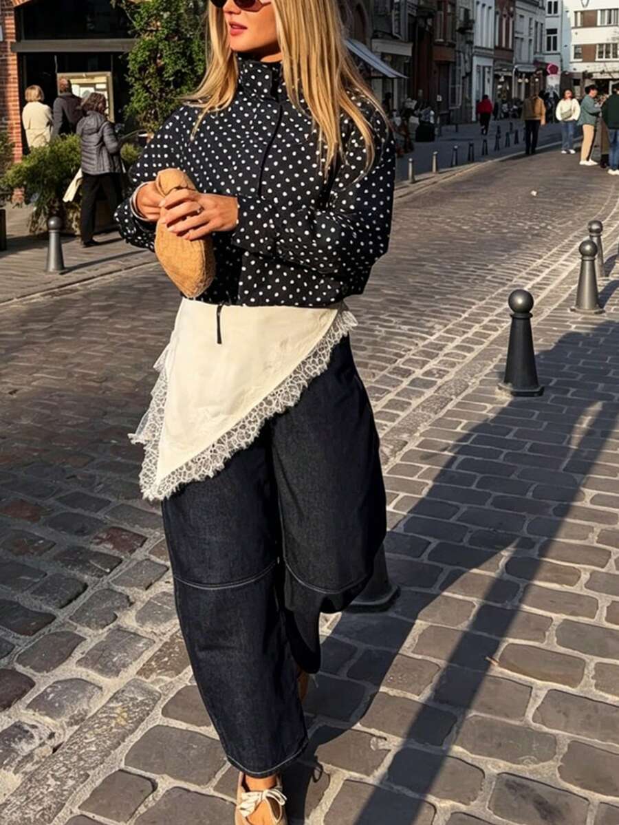 Women Polka Dot Bomber Jacket – White Cropped Jacket – Oversized Casual Fit