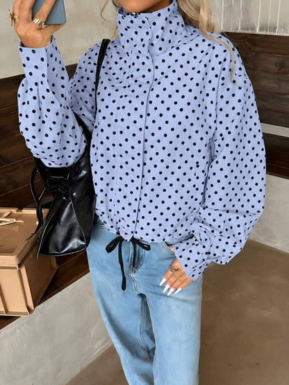 Women Polka Dot Bomber Jacket – White Cropped Jacket – Oversized Casual Fit