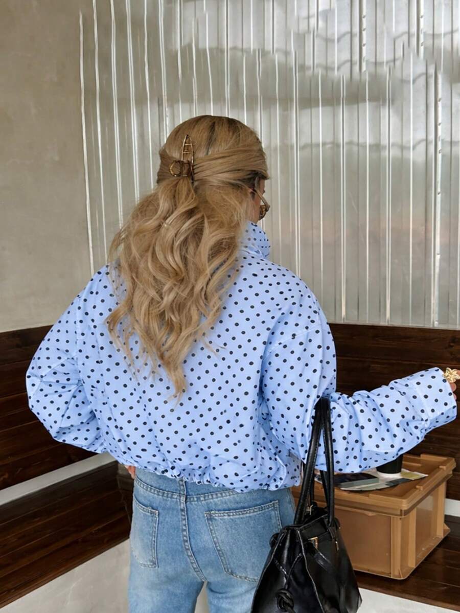 Women Polka Dot Bomber Jacket – White Cropped Jacket – Oversized Casual Fit