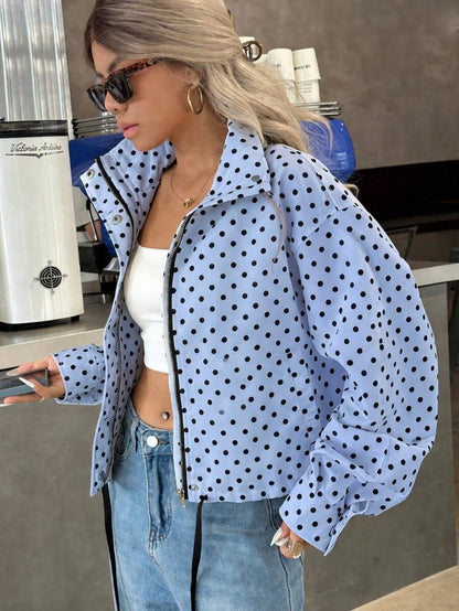 Women Polka Dot Bomber Jacket – White Cropped Jacket – Oversized Casual Fit