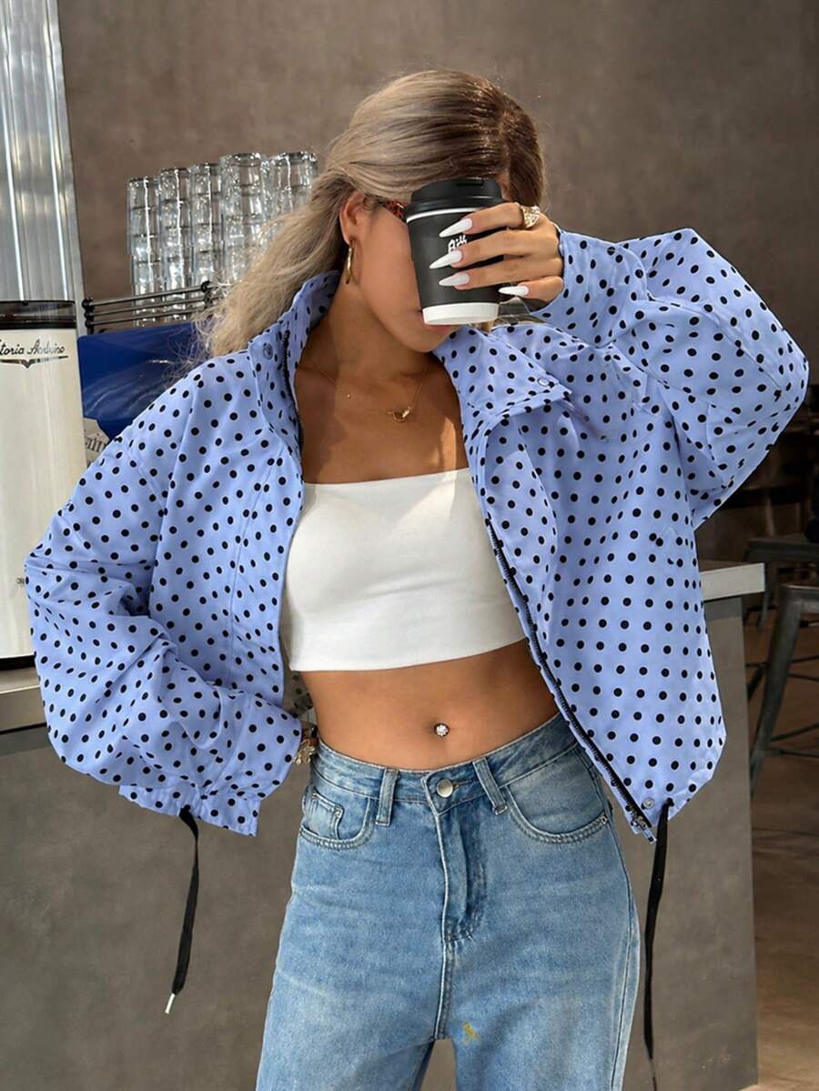 Women Polka Dot Bomber Jacket – White Cropped Jacket – Oversized Casual Fit