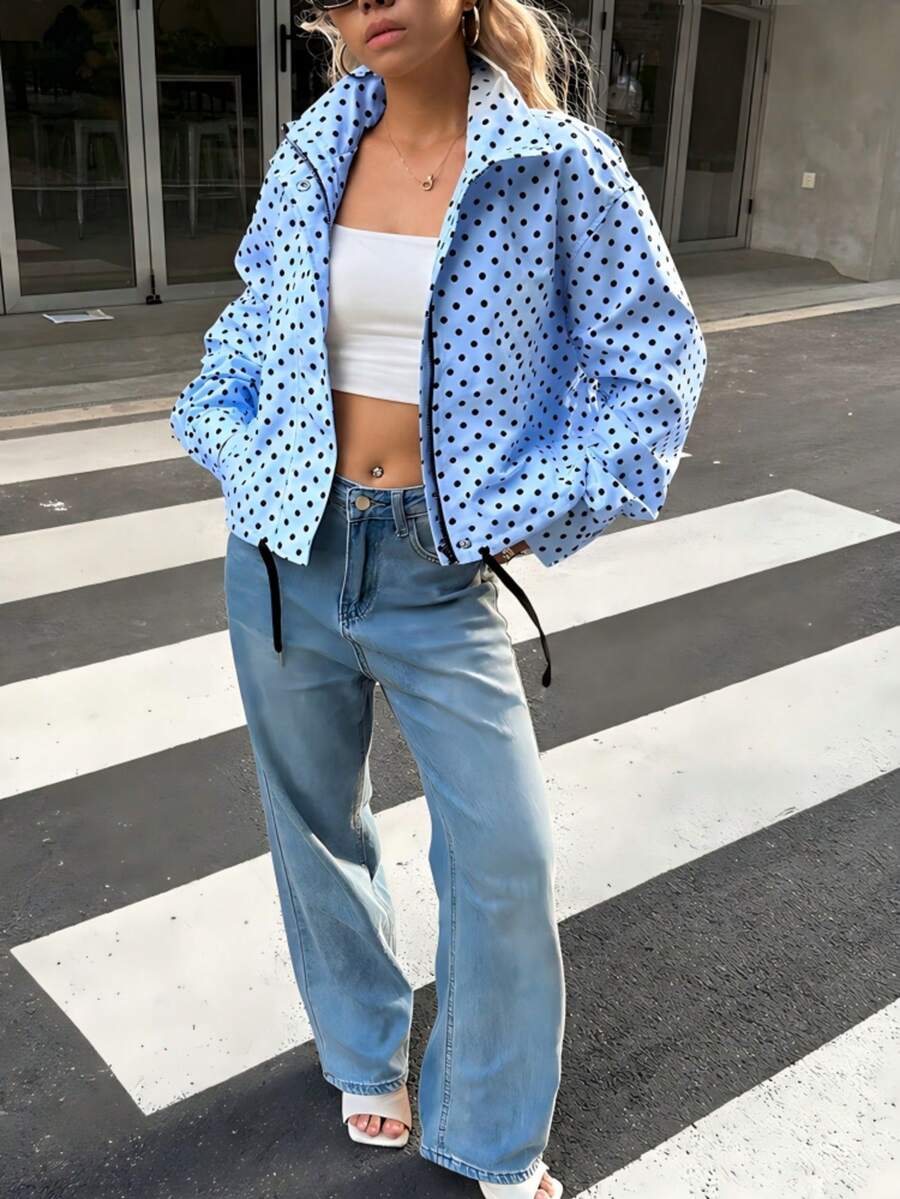 Women Polka Dot Bomber Jacket – White Cropped Jacket – Oversized Casual Fit