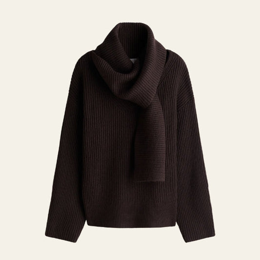 Scarf Neck Ribbed Sweater Women – Relaxed Fit Knit – Long Sleeve With Draped Collar