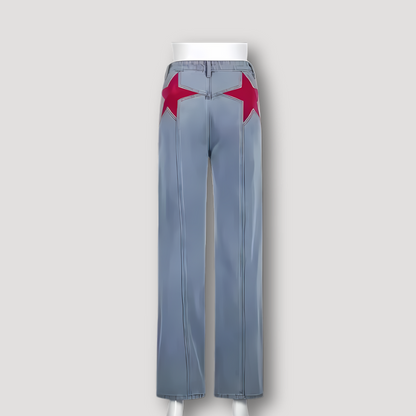 Red Stars Patchwork Wide Leg High Waisted Flared Jeans