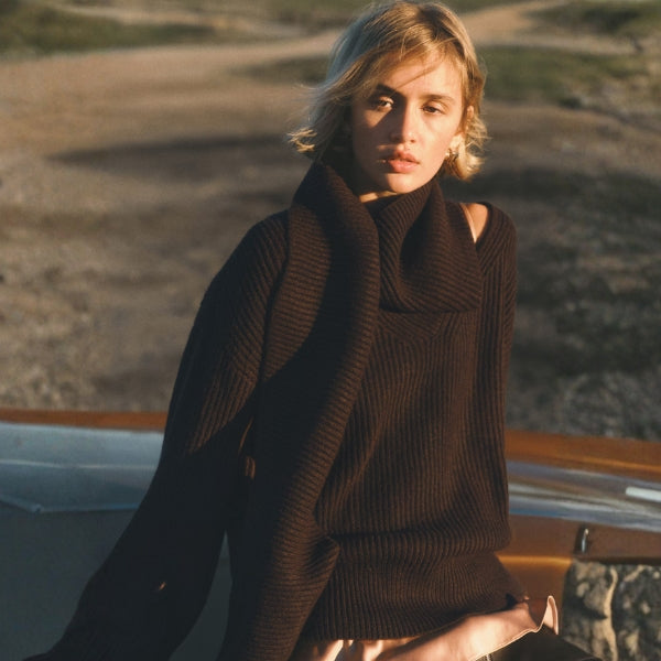 Scarf Neck Ribbed Sweater Women – Relaxed Fit Knit – Long Sleeve With Draped Collar