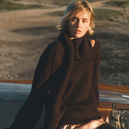 Scarf Neck Ribbed Sweater Women – Relaxed Fit Knit – Long Sleeve With Draped Collar