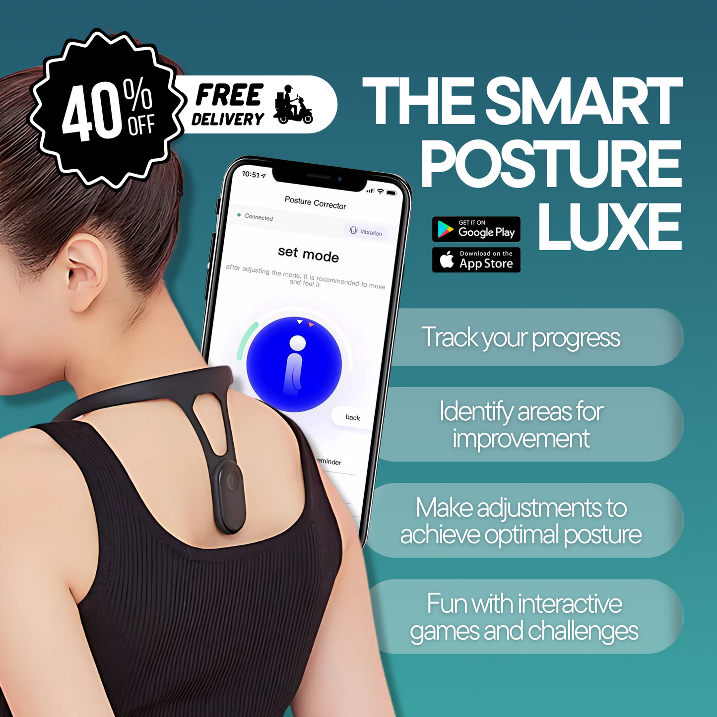 Smart Posture Luxe – Intelligent Posture Corrector – Bluetooth App – Adjustable Fit