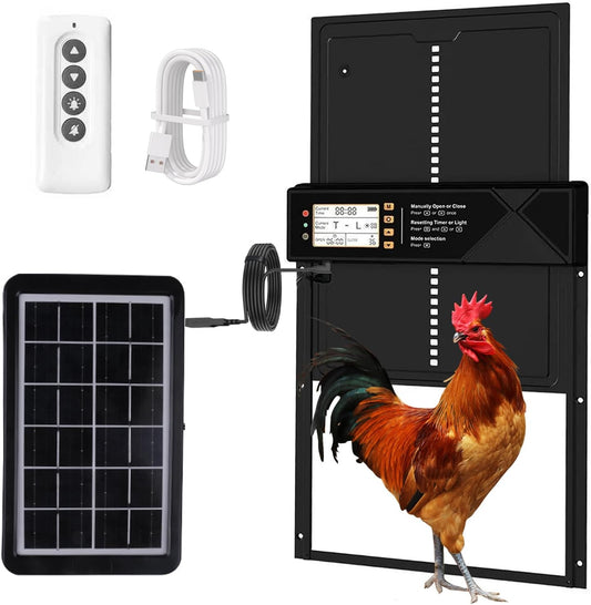 Automatic Chicken Coop Door Solar Powered & USB Charging, Solar Chicken Coop Door 4 Modes with Timer&Light Sensor, Remote, LED Screen, Aluminum Alloy Waterproof