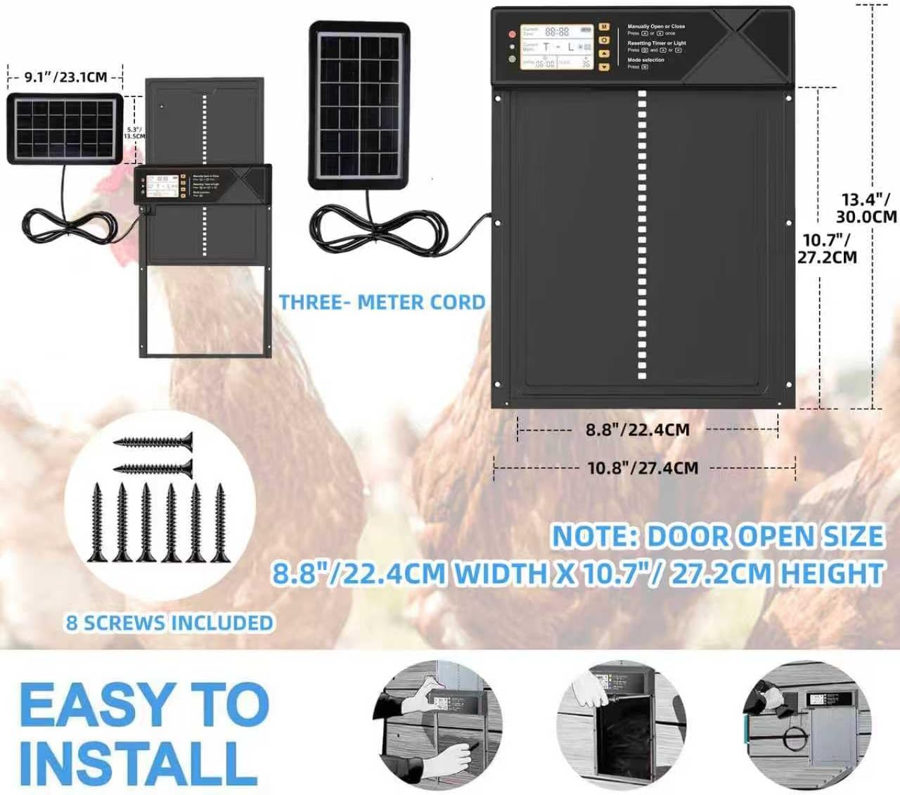 Automatic Chicken Coop Door Solar Powered & USB Charging, Solar Chicken Coop Door 4 Modes with Timer&Light Sensor, Remote, LED Screen, Aluminum Alloy Waterproof