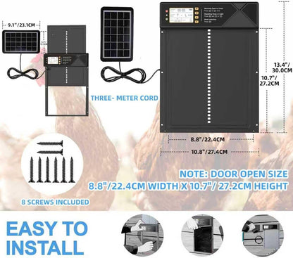 Automatic Chicken Coop Door Solar Powered & USB Charging, Solar Chicken Coop Door 4 Modes with Timer&Light Sensor, Remote, LED Screen, Aluminum Alloy Waterproof