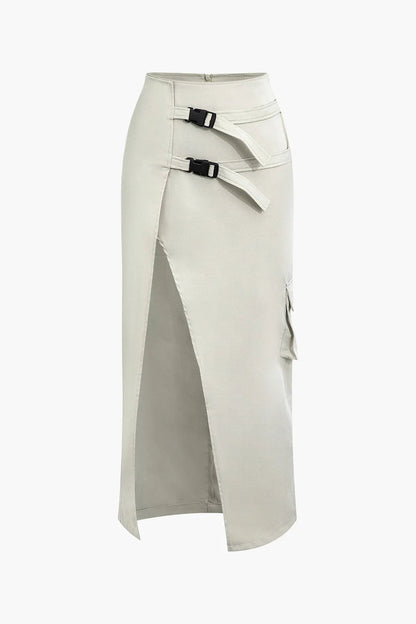 Grey Asymmetric Maxi Skirt Women – Belted Split Design – Polyester With Flap Pocket