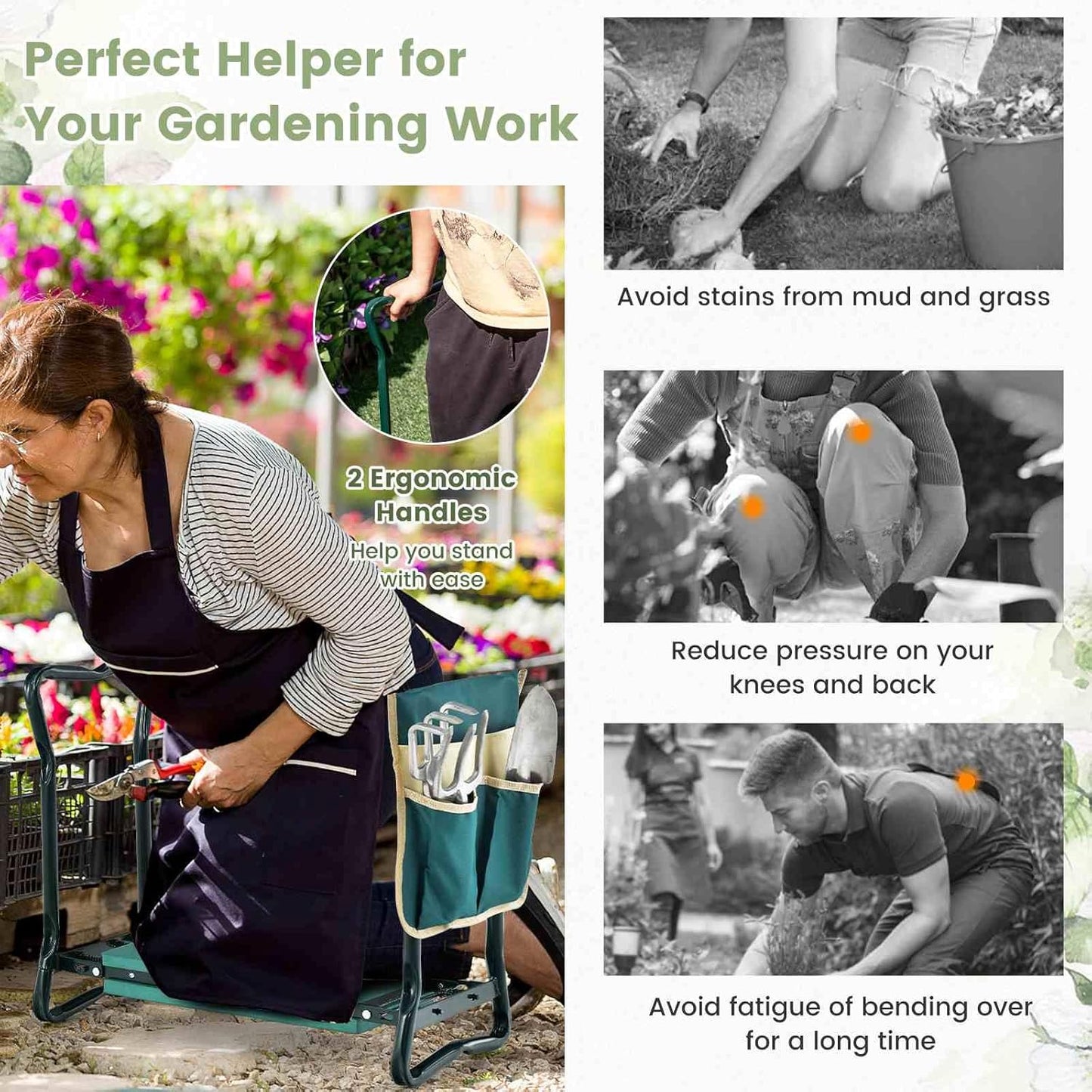 Costway 2-in-1 Garden Kneeler & Seat, Portable & Foldable Garden Tool for Kneeling & Sitting, Heavy-Duty Garden Bench w/Large Tool Pouch, Wide Kneeling Pad for Women Men Seniors