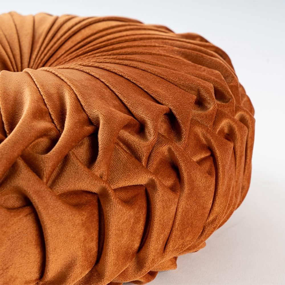 Round Velvet Pillow Cushion | Pleated Decorative Pillow for Sofa & Bed