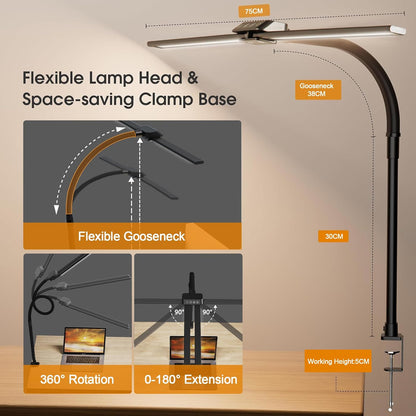 Dual Head LED Desk Lamp, Desk Lamp with Clamp for Home Office, Eye-Caring Architect Light with Flexible Gooseneck, 5 Color Modes & Stepless Dimming