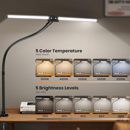 Dual Head LED Desk Lamp, Desk Lamp with Clamp for Home Office, Eye-Caring Architect Light with Flexible Gooseneck, 5 Color Modes & Stepless Dimming