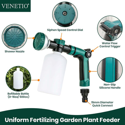 VENETIO 8-Dial Hose End Sprayer for Liquid Fertilizer/Soap | Precision Lawn, Yard & Garden Feeder with 500mL Bottle for Uniform Fertilizing and Watering Plants | Car, Dog Wash Hose Attachment Nozzle
