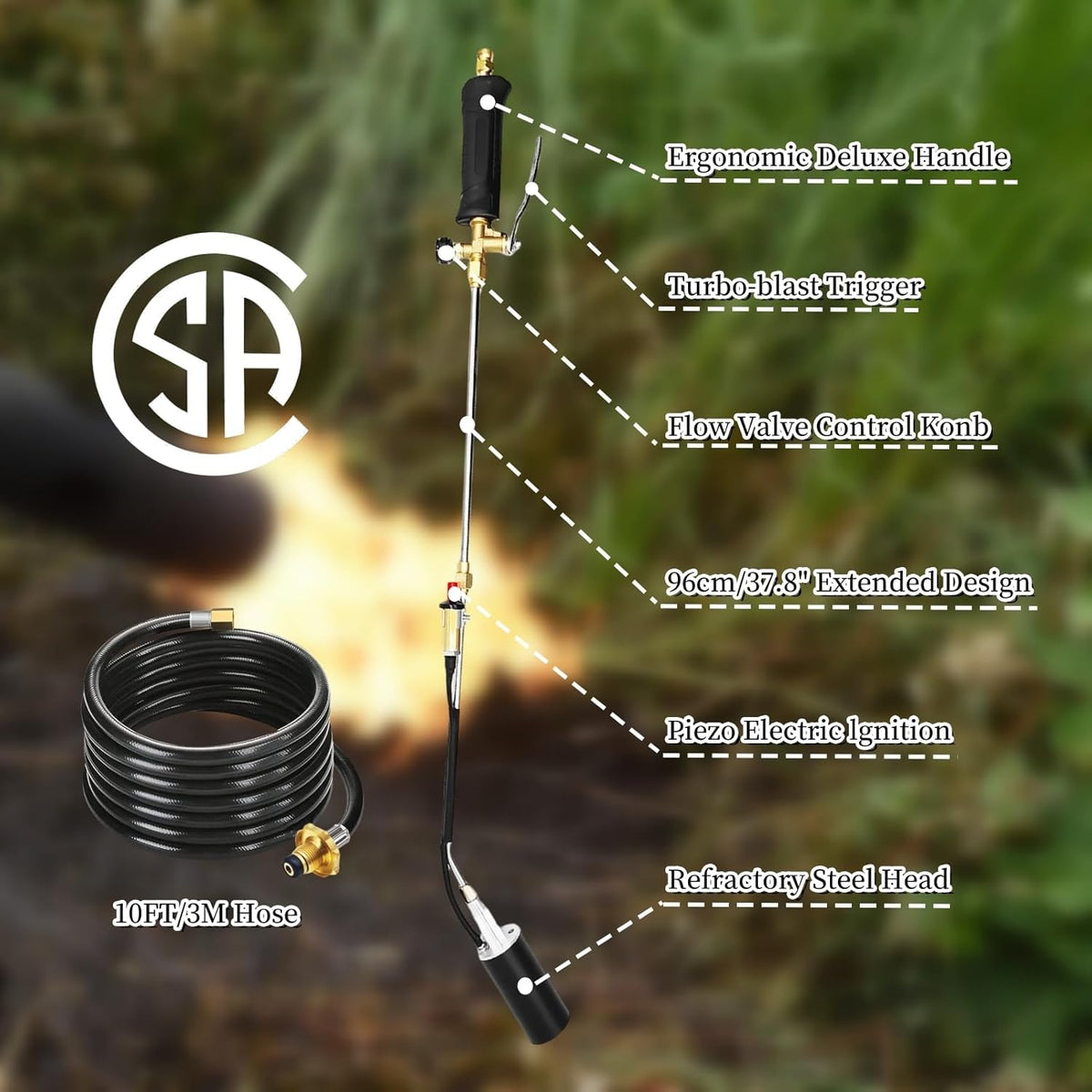 Propane Torch Weed Burner, 800,000 BTU Propane Gas Blow Torch Head Weed Torch with 10FT Hose, Flame Control, Turbo Trigger Push Button Igniter, Flamethrower for Burning Weed Roads Paint Removal