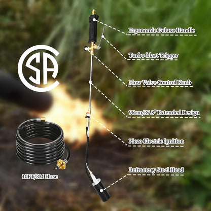 Propane Torch Weed Burner, 800,000 BTU Propane Gas Blow Torch Head Weed Torch with 10FT Hose, Flame Control, Turbo Trigger Push Button Igniter, Flamethrower for Burning Weed Roads Paint Removal
