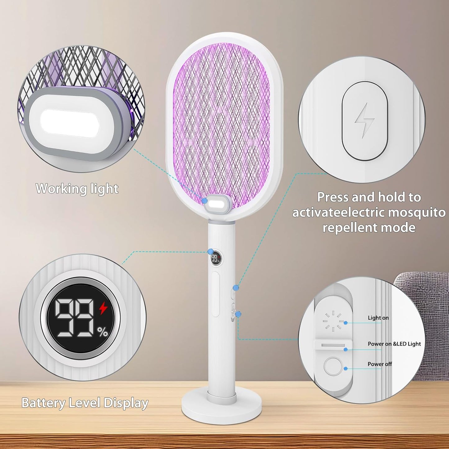 Electric Fly Swatter & Bug Zapper Racket, 3000V Mosquito Killer, 2-in-1 with UV Lamp Mode, USB Rechargeable, Indoor Outdoor Fly Killer