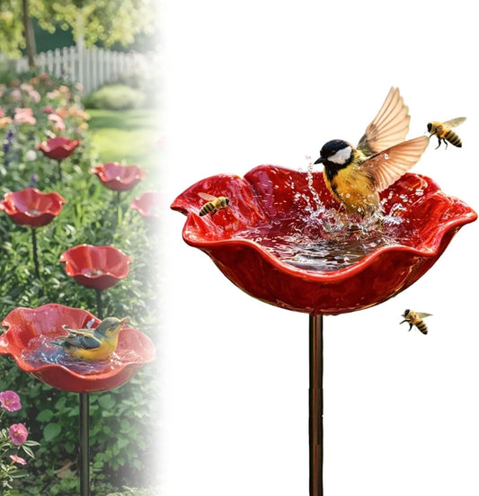 Handmade Metal Flower Garden Stake, Dual-Function Metal Flower Bird Bath & Pollinator Water Station, Ground Plug Design, Red Birdbath Bowl for Yard Lawn Patio Landscape Decor (1Pcs)