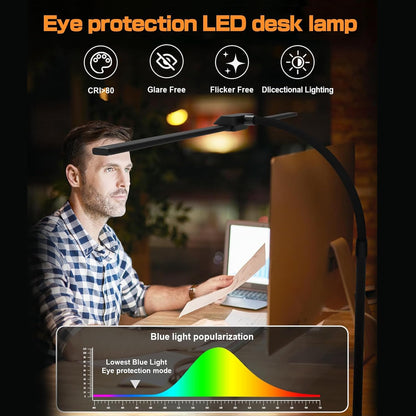 Dual Head LED Desk Lamp, Desk Lamp with Clamp for Home Office, Eye-Caring Architect Light with Flexible Gooseneck, 5 Color Modes & Stepless Dimming