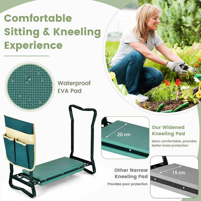Costway 2-in-1 Garden Kneeler & Seat, Portable & Foldable Garden Tool for Kneeling & Sitting, Heavy-Duty Garden Bench w/Large Tool Pouch, Wide Kneeling Pad for Women Men Seniors