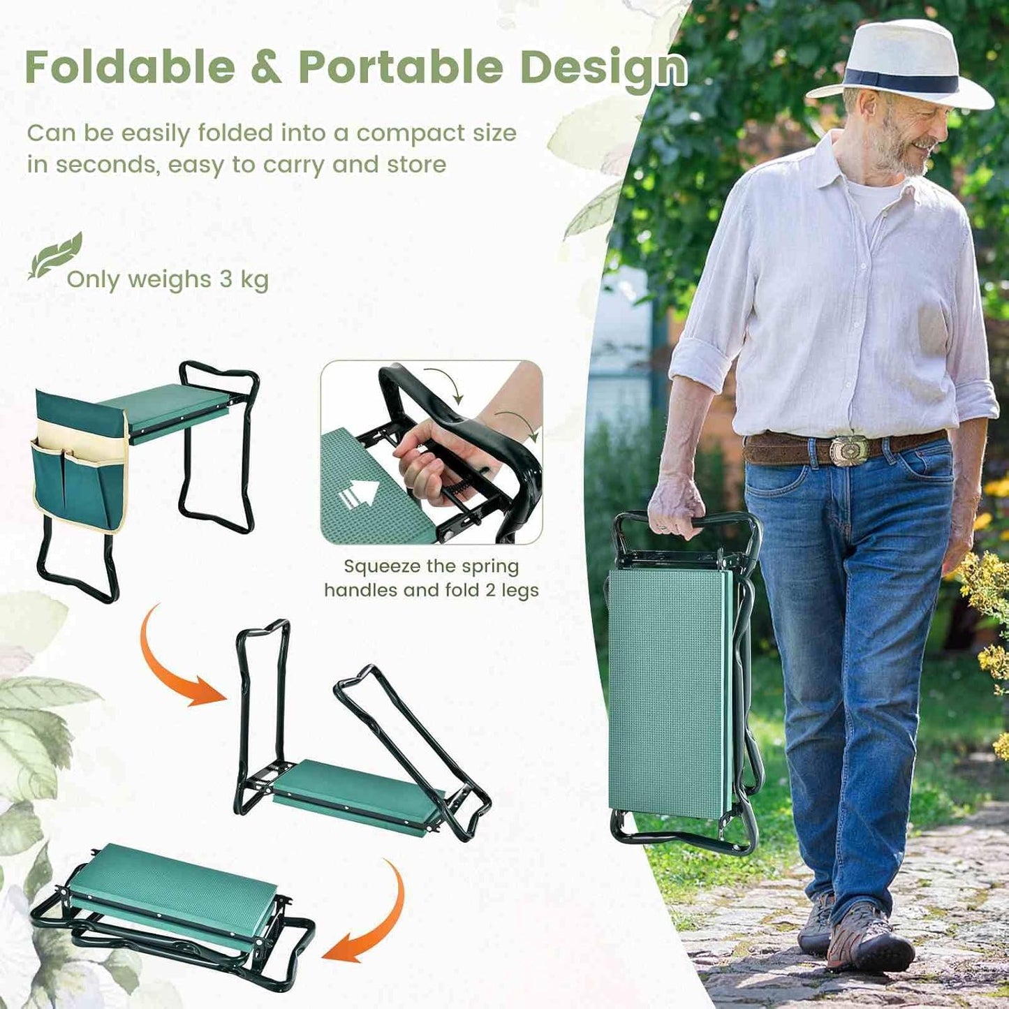 Costway 2-in-1 Garden Kneeler & Seat, Portable & Foldable Garden Tool for Kneeling & Sitting, Heavy-Duty Garden Bench w/Large Tool Pouch, Wide Kneeling Pad for Women Men Seniors