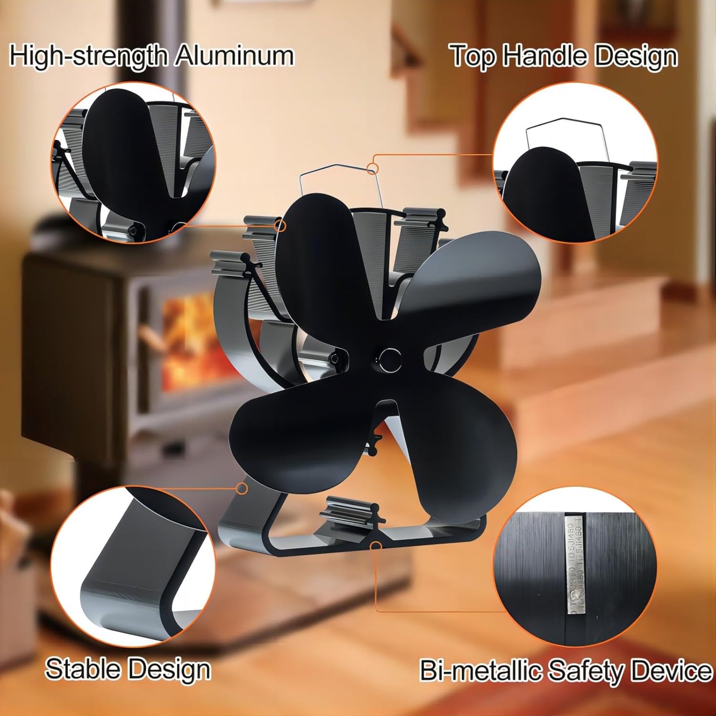 4-Blade Heat Powered Stove Fan for Wood/Log Burner/Fireplace Increases 80% More Warm air Than 2 Blade Fan…