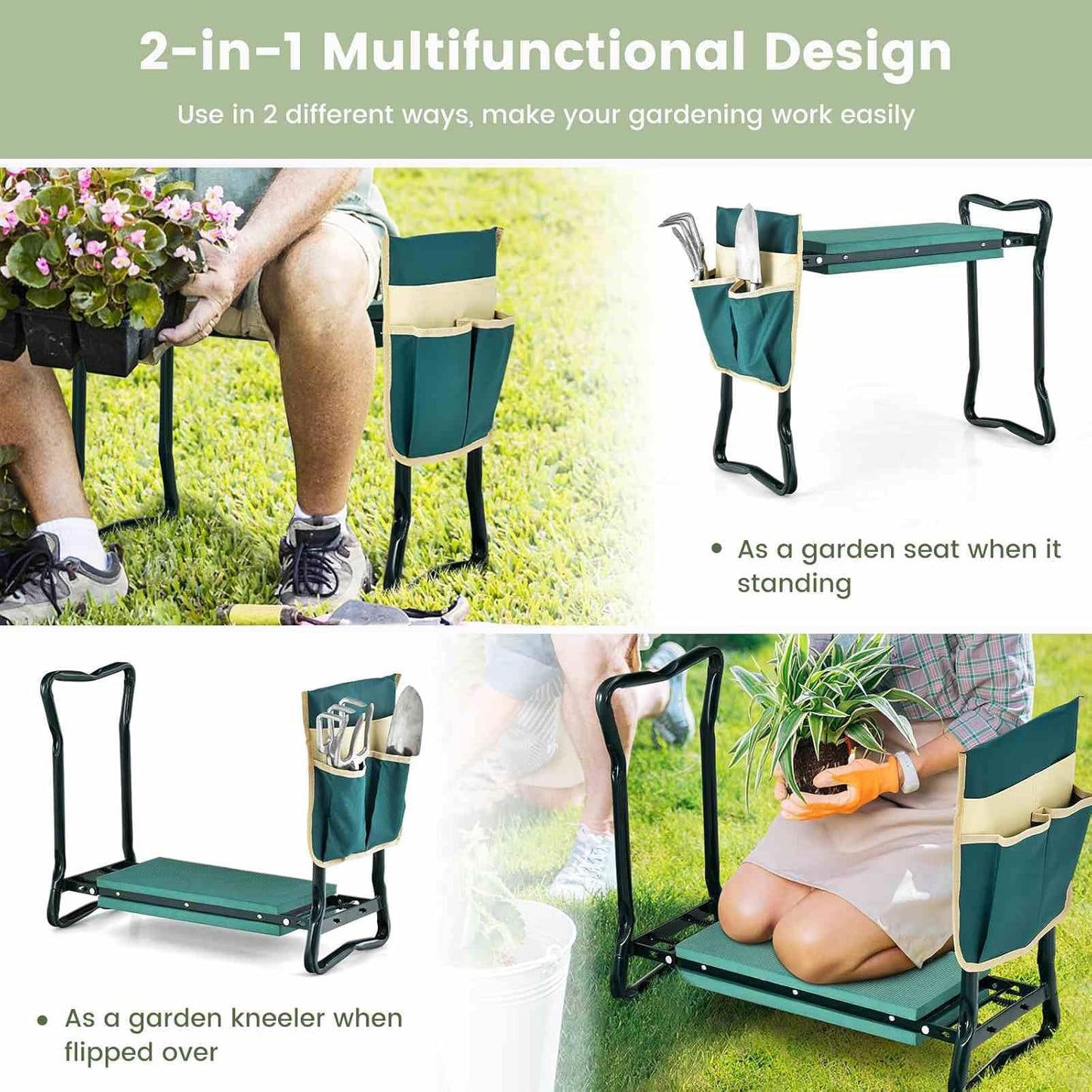 Costway 2-in-1 Garden Kneeler & Seat, Portable & Foldable Garden Tool for Kneeling & Sitting, Heavy-Duty Garden Bench w/Large Tool Pouch, Wide Kneeling Pad for Women Men Seniors