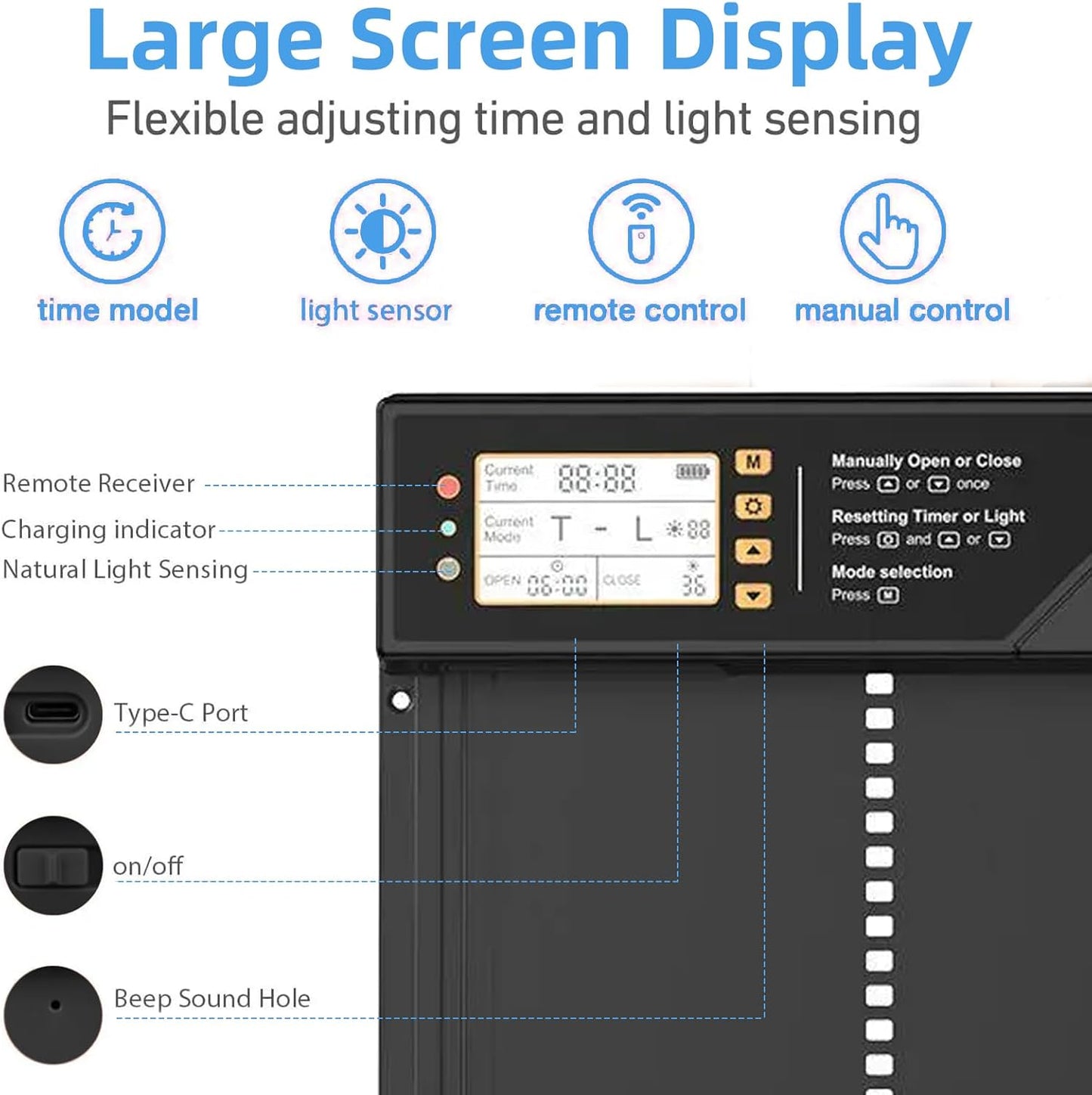 Automatic Chicken Coop Door Solar Powered & USB Charging, Solar Chicken Coop Door 4 Modes with Timer&Light Sensor, Remote, LED Screen, Aluminum Alloy Waterproof