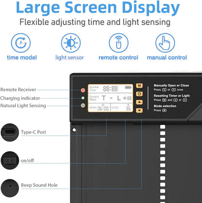 Automatic Chicken Coop Door Solar Powered & USB Charging, Solar Chicken Coop Door 4 Modes with Timer&Light Sensor, Remote, LED Screen, Aluminum Alloy Waterproof
