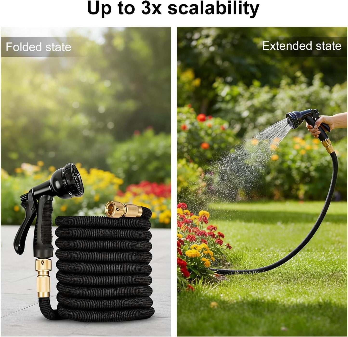 Garden Hose, 100/75/50ft Expandable Garden Hose,Lightweight Hose with 8Function Nozzle, Leak-Proof, No-Knot, Easy to Carry, Wear-Resistant, Sturdy, Flexible,Garden, Outdoor (Black, 50FT)