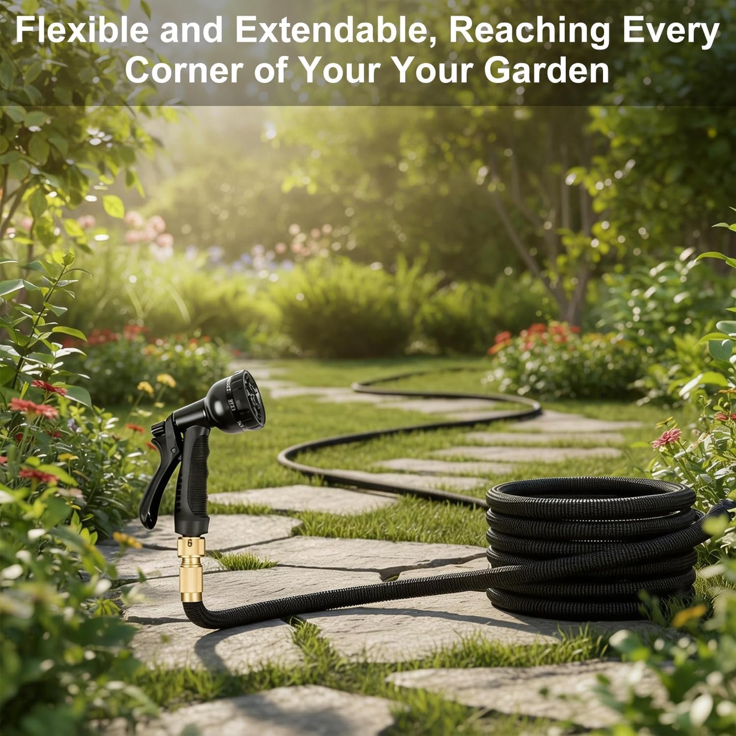 Garden Hose, 100/75/50ft Expandable Garden Hose,Lightweight Hose with 8Function Nozzle, Leak-Proof, No-Knot, Easy to Carry, Wear-Resistant, Sturdy, Flexible,Garden, Outdoor (Black, 50FT)
