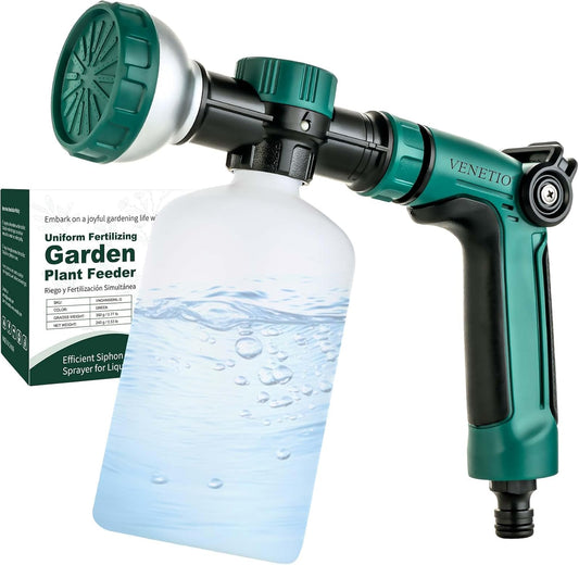 VENETIO 8-Dial Hose End Sprayer for Liquid Fertilizer/Soap | Precision Lawn, Yard & Garden Feeder with 500mL Bottle for Uniform Fertilizing and Watering Plants | Car, Dog Wash Hose Attachment Nozzle