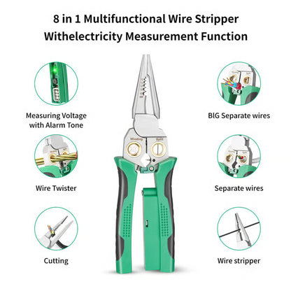 Outdoorfun 8-in-1 Wire Stripper – Cable Cutter, Voltage Tester, Silver/Green