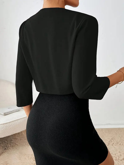 Women’s Cropped Open Front Blazer – Pleated 3/4 Sleeve Jacket