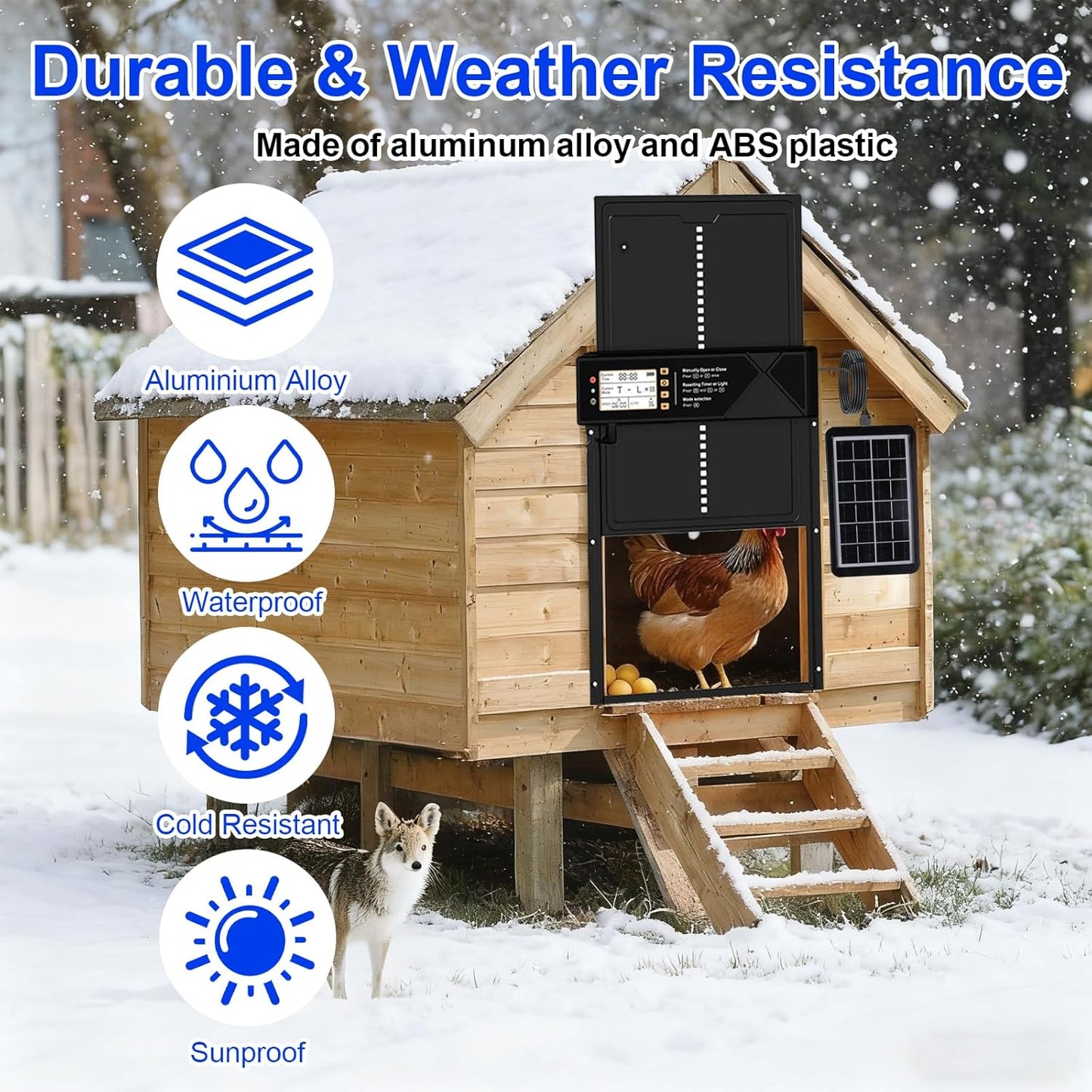 Automatic Chicken Coop Door Solar Powered & USB Charging, Solar Chicken Coop Door 4 Modes with Timer&Light Sensor, Remote, LED Screen, Aluminum Alloy Waterproof