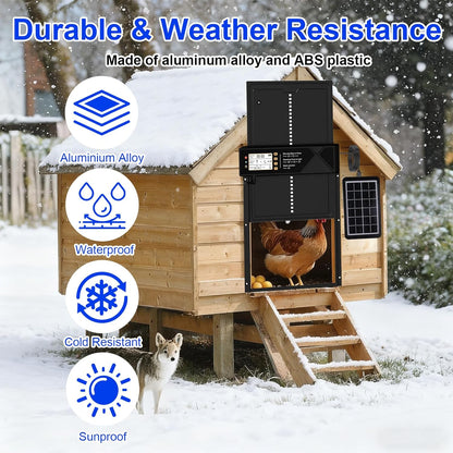 Automatic Chicken Coop Door Solar Powered & USB Charging, Solar Chicken Coop Door 4 Modes with Timer&Light Sensor, Remote, LED Screen, Aluminum Alloy Waterproof