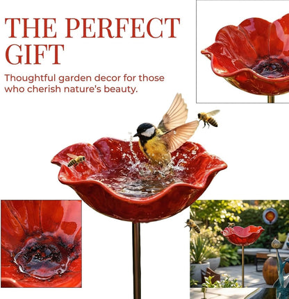 Handmade Metal Flower Garden Stake, Dual-Function Metal Flower Bird Bath & Pollinator Water Station, Ground Plug Design, Red Birdbath Bowl for Yard Lawn Patio Landscape Decor (1Pcs)