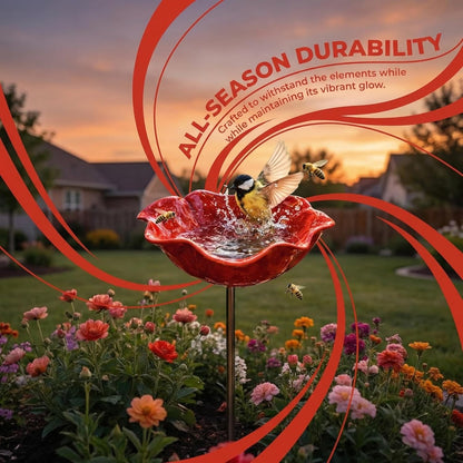 Handmade Metal Flower Garden Stake, Dual-Function Metal Flower Bird Bath & Pollinator Water Station, Ground Plug Design, Red Birdbath Bowl for Yard Lawn Patio Landscape Decor (1Pcs)