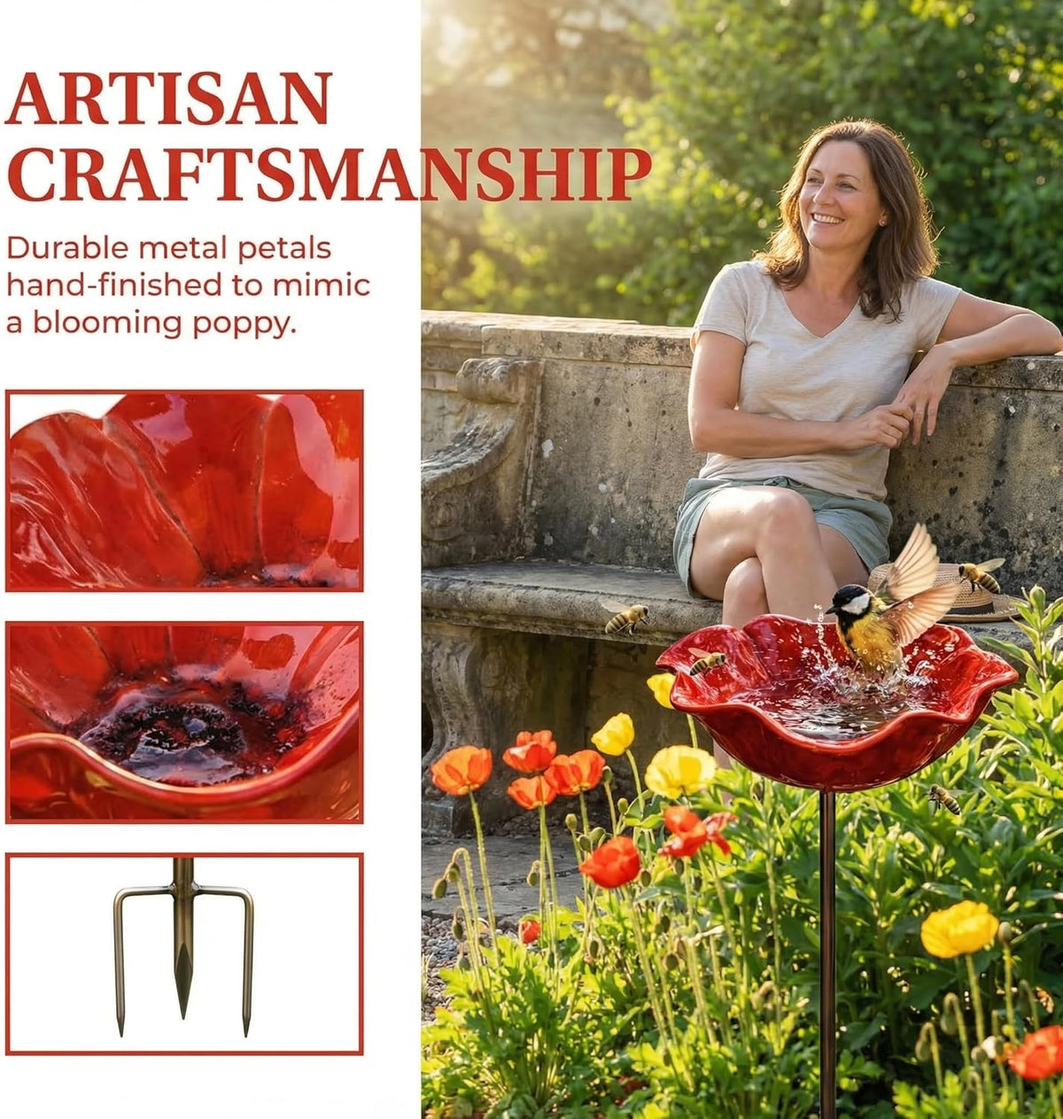 Handmade Metal Flower Garden Stake, Dual-Function Metal Flower Bird Bath & Pollinator Water Station, Ground Plug Design, Red Birdbath Bowl for Yard Lawn Patio Landscape Decor (1Pcs)