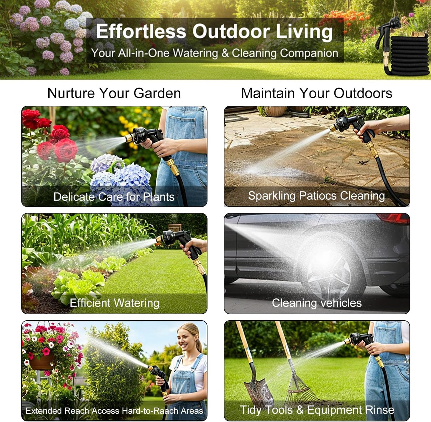 Garden Hose, 100/75/50ft Expandable Garden Hose,Lightweight Hose with 8Function Nozzle, Leak-Proof, No-Knot, Easy to Carry, Wear-Resistant, Sturdy, Flexible,Garden, Outdoor (Black, 50FT)