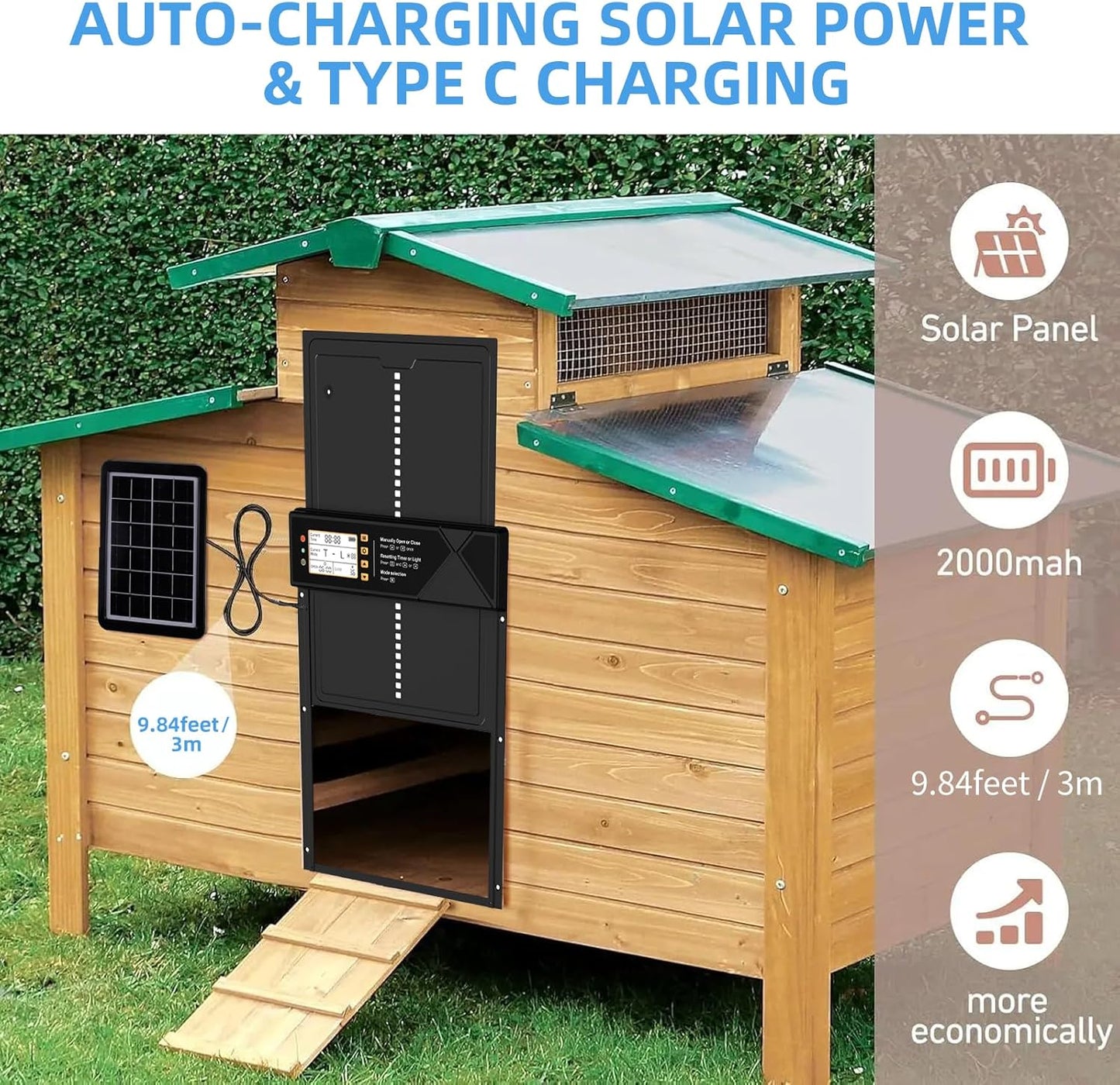 Automatic Chicken Coop Door Solar Powered & USB Charging, Solar Chicken Coop Door 4 Modes with Timer&Light Sensor, Remote, LED Screen, Aluminum Alloy Waterproof