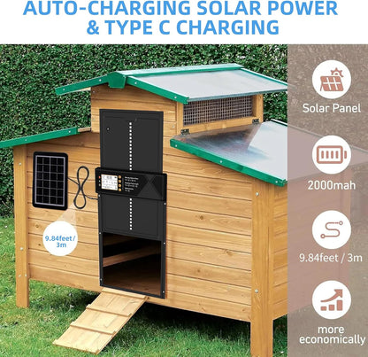 Automatic Chicken Coop Door Solar Powered & USB Charging, Solar Chicken Coop Door 4 Modes with Timer&Light Sensor, Remote, LED Screen, Aluminum Alloy Waterproof